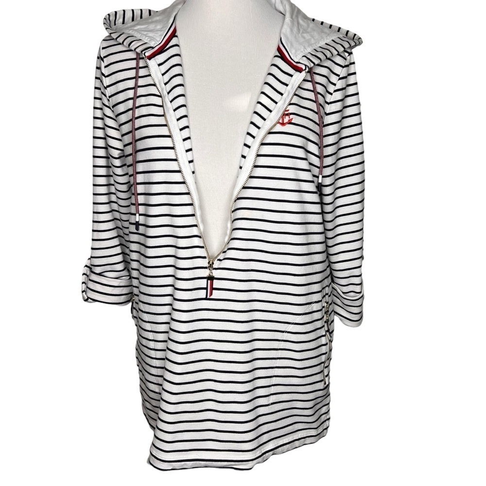 Tommy Hilfiger Women’s Patriotic Striped Long Roll Tab Sleeve 1/4 Zip Hoodie Med - Picture 6 of 14